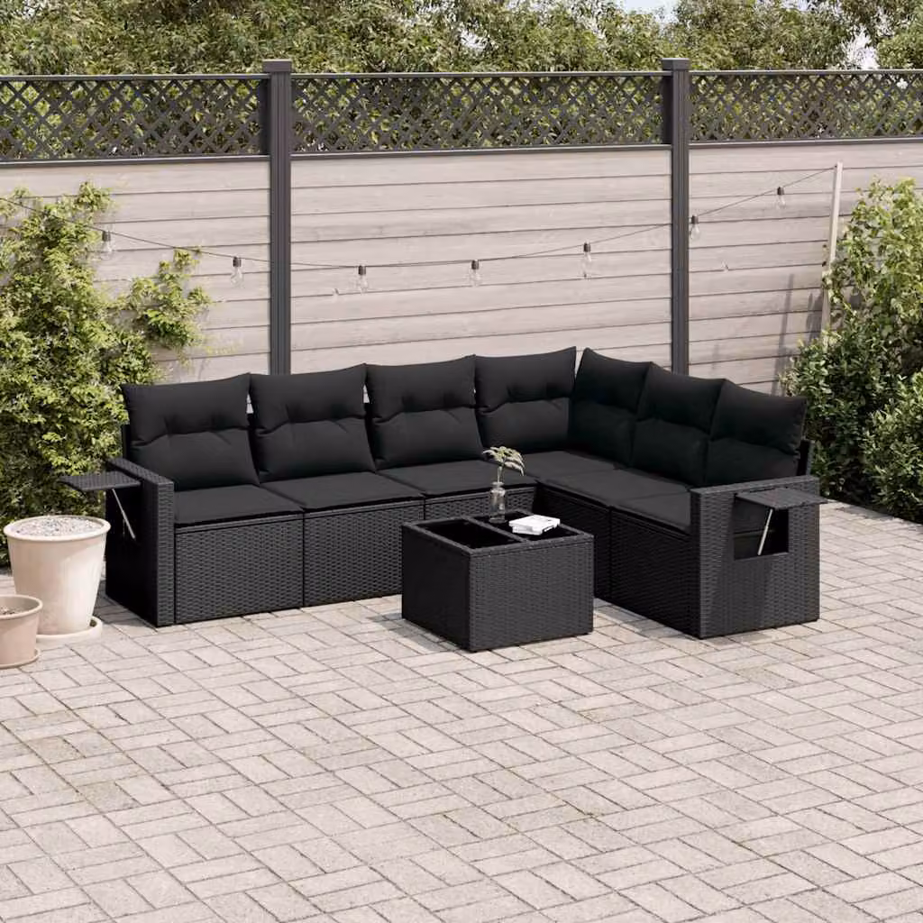 Set Divani da Giardino vidaXL a Forma a L con 7 Pezzi, Polyrattan Nero e Cuscini Imbottiti – 1