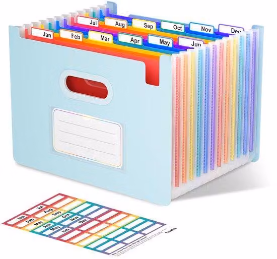 Portadocumenti in formato A4, 12 scomparti, verticale, aperto, blu, organizer da ufficio