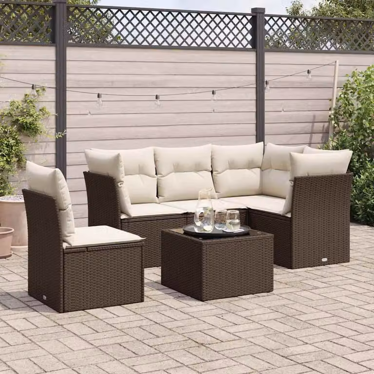 vidaXL Set Divano da Giardino a L 6 pz in Polyrattan Marrone e Bianco con Cuscini e Tavolino