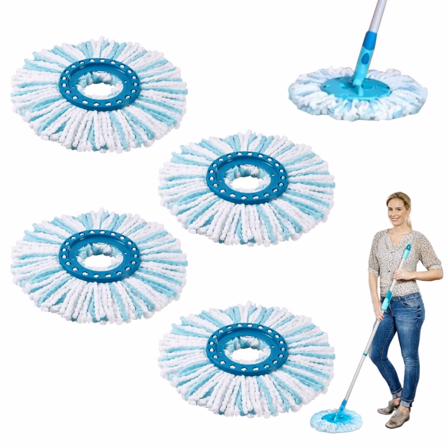 4 testine di ricambio per mop Leifheit Clean Twist, in microfibra, colore blu/bianco