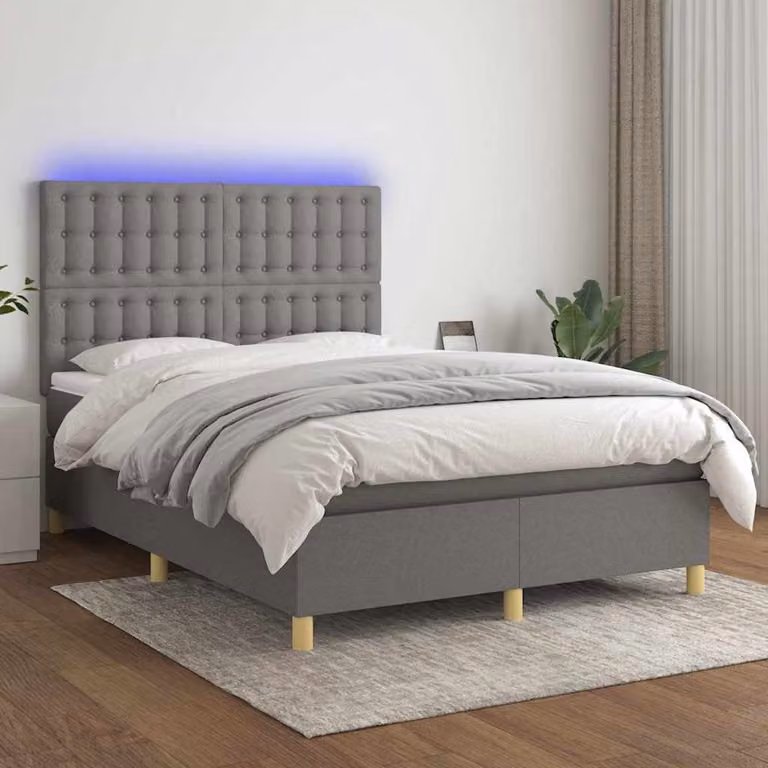 Letto Ibrido con Materasso e Illuminazione LED vidaXL in Tessuto Grigio, L: 140 cm, P: 200 cm, H: 128 cm