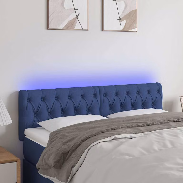 Testiera per letto vidaXL in tessuto blu con illuminazione LED e porta di ricarica USB, L 144 x P 7 x H 78-88 cm