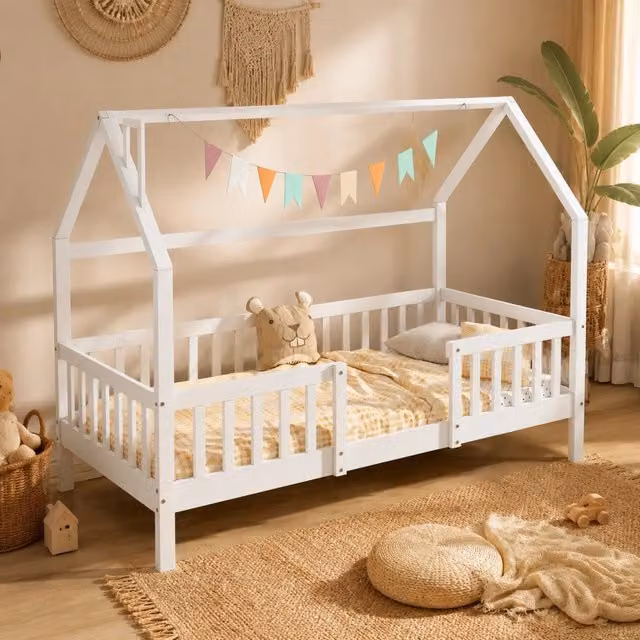 Letto a casetta con tetto e recinto REDOM per bambini in legno di pino bianco L 90 cm x P 200 cm x H 205 cm