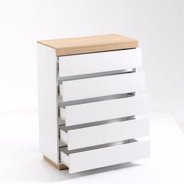 Cassettiera Minimalista HOMCOM in Legno con 5 Cassetti e Guide in Metallo, Bianco e Rovere, L: 80 cm, P: 40 cm, H: 109 cm