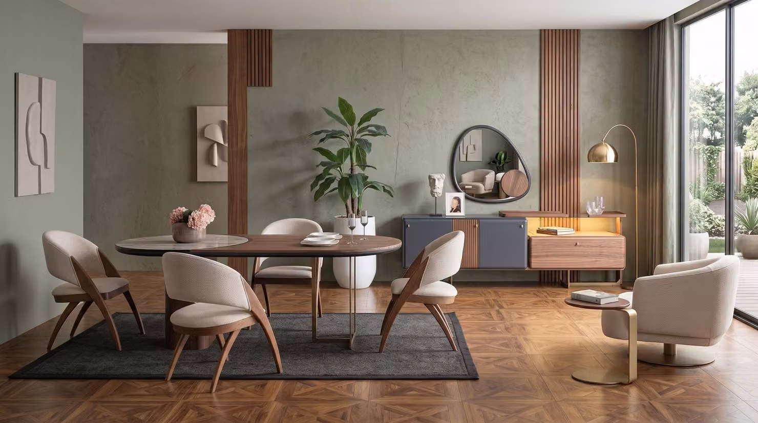 Gruppo da pranzo moderno: tavolo ovale con 4 sedie e un mobile contenitore di design