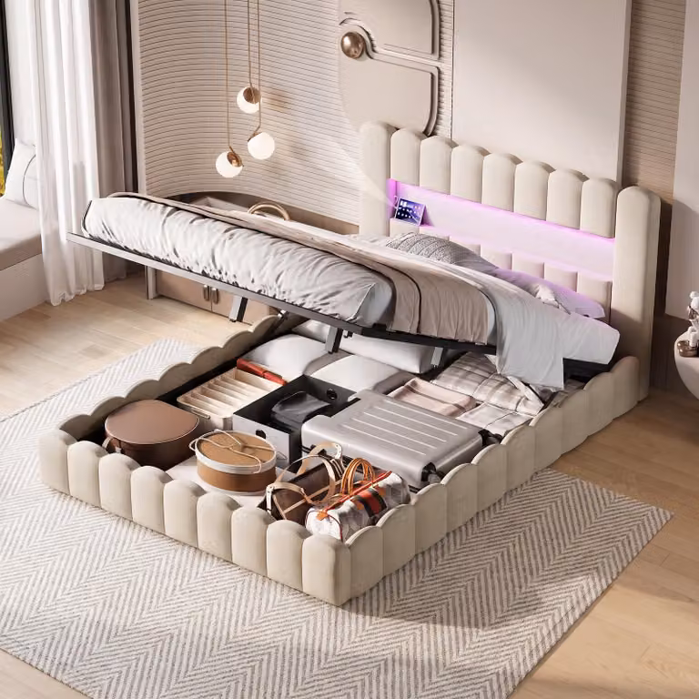 Letto con boxspring INONEFT, 180x200 cm, con illuminazione LED, letto per giovani, letto matrimoniale con rete a doghe/spazio contenitore, letto imbottito con spazio contenitore e porta USB, letto con rivestimento in lino, color beige