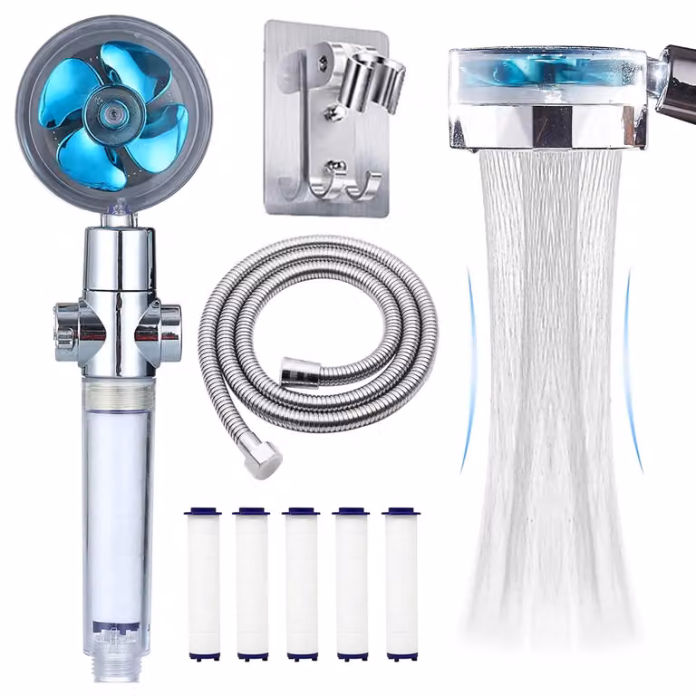 Doccia a mano rotante a 360° - Soffione doccia ad alta pressione - Risparmio idrico - Getto d'acqua regolabile - Con tubo flessibile e supporto - Colore blu