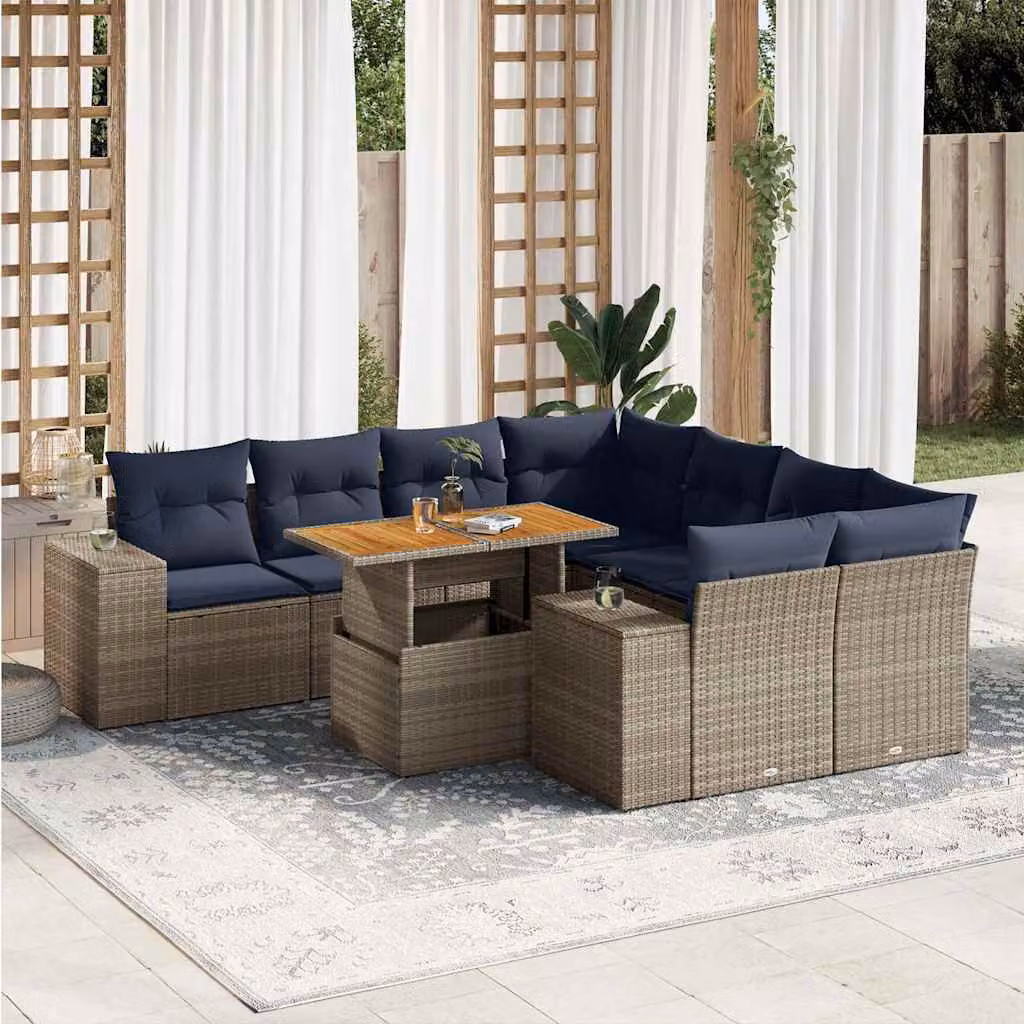 Set Divano da Giardino vidaXL 9 pz in Polyrattan e Legno di Acacia con Cuscini Grigio e Blu