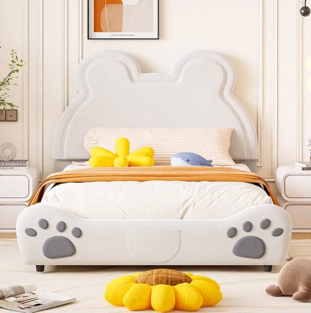 Letto imbottito per bambini a forma di orso, 140 x 200 cm, tessuto vellutato bianco, per la camera dei bambini