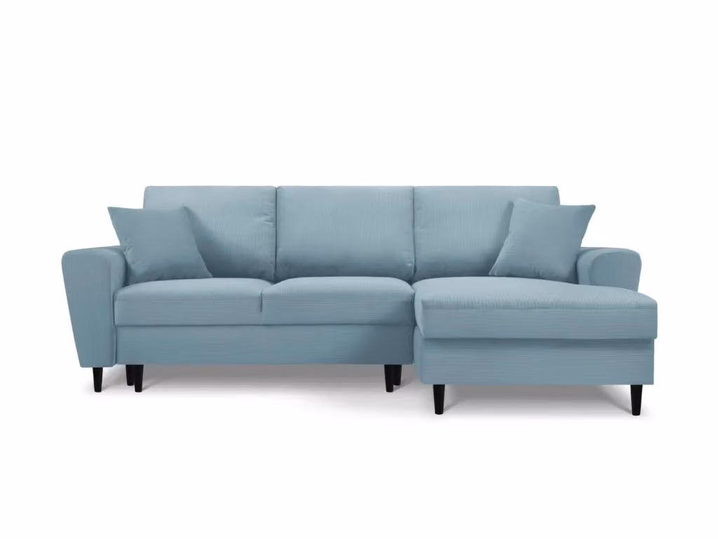 Divano convertibile angolare destro con contenitore Kyoto di Cosmopolitan Design, 4 posti in velluto a coste azzurro, L: 241 cm, P: 145 cm, H: 88 cm – 2