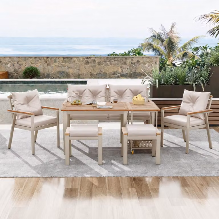 Set da giardino Fliek Set di mobili da giardino per 6 persone, mobili da balcone con carrello di servizio, set di mobili da terrazza con cuscini, divano da giardino, tavolo da giardino, beige