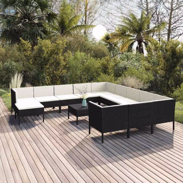 Set Divani da Giardino vidaXL 13 pz in Polyrattan Nero con Cuscini e Tavolino da Esterno