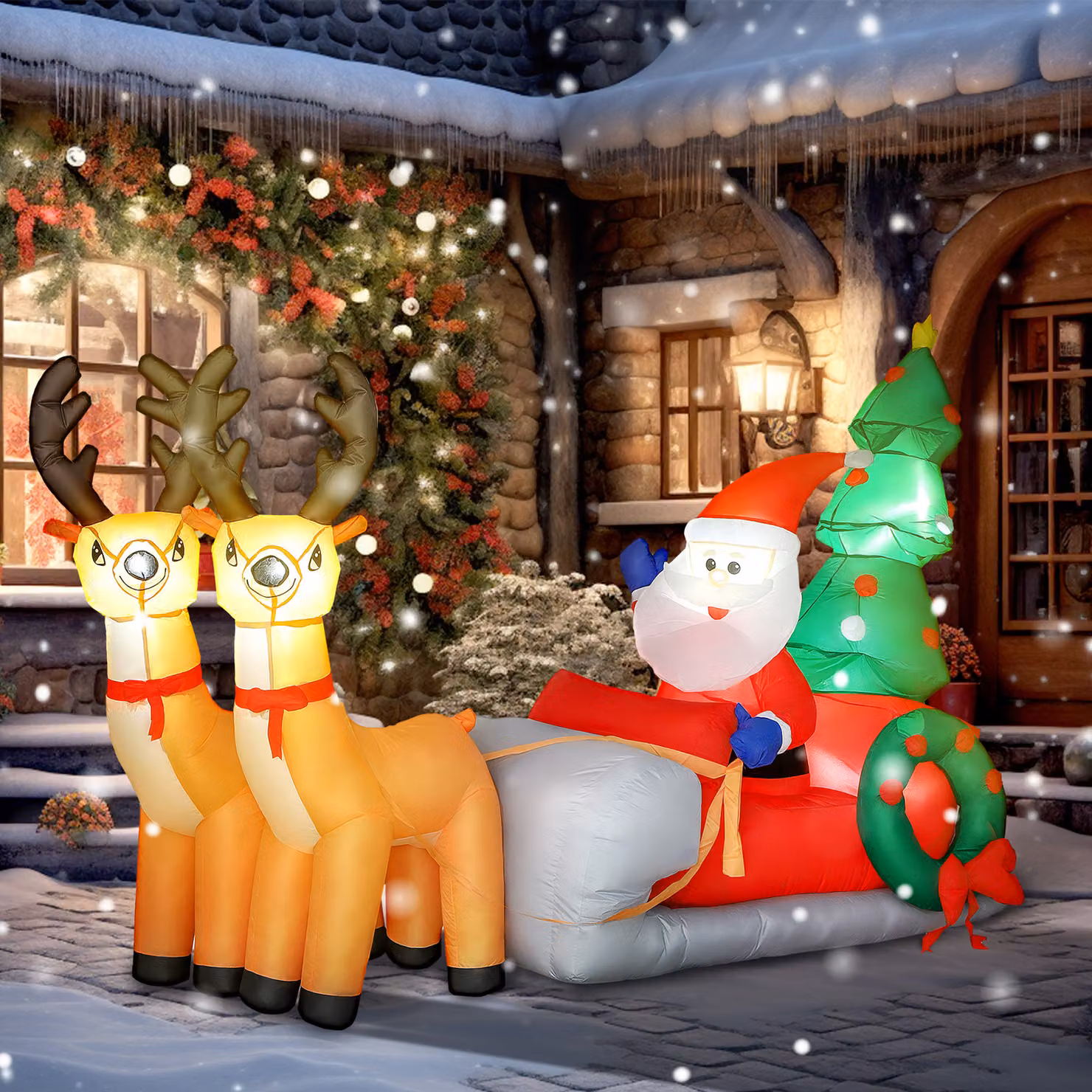 Decorazione gonfiabile Outsunny Babbo Natale su slitta con renne, luci LED e tessuto in poliestere, Multicolore – 2