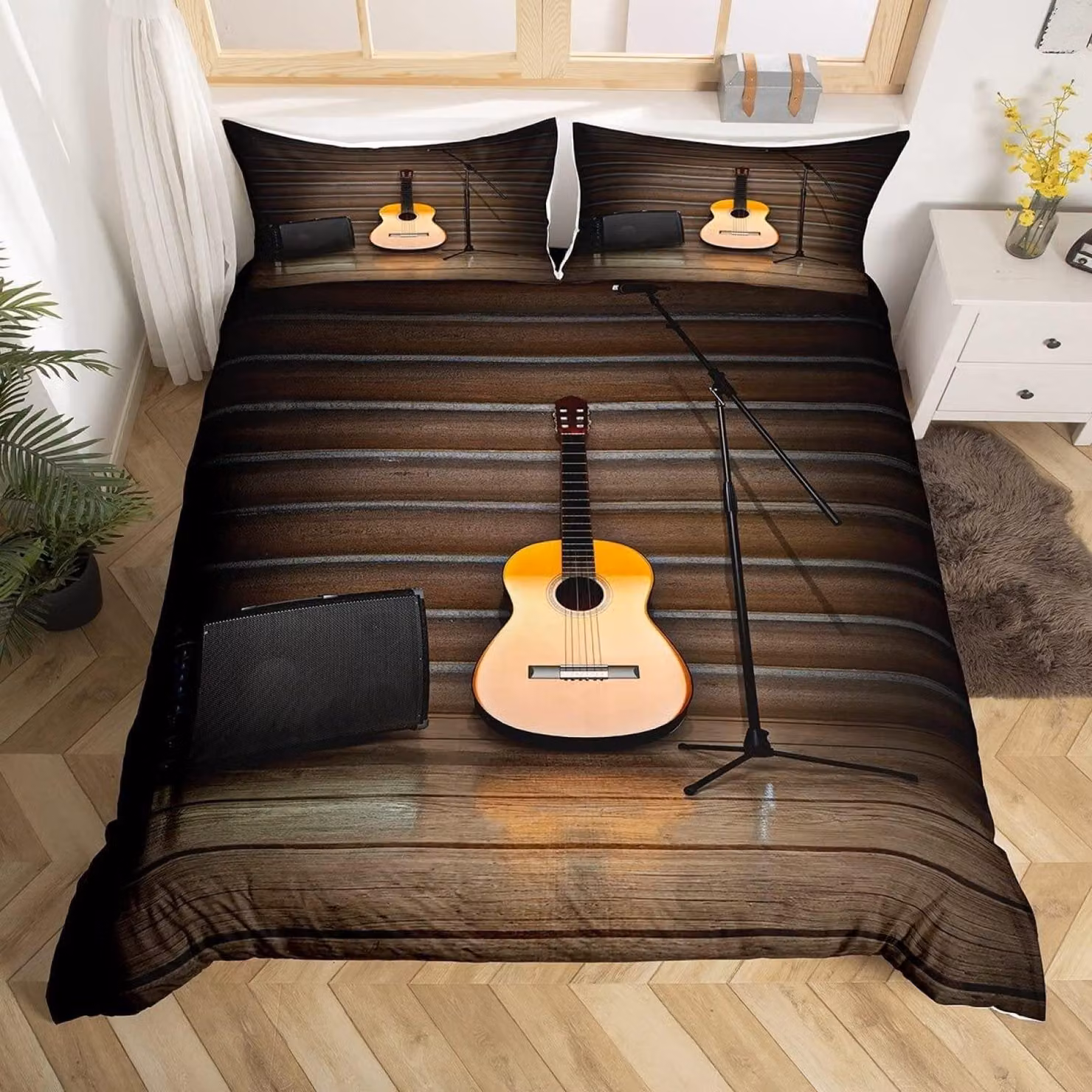 Set di lenzuola matrimoniali con motivo di chitarra, realizzato in morbida microfibra
