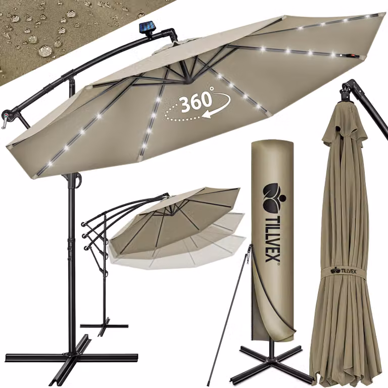 tillvex ombrellone a sbalzo in alluminio marrone LED solare Ø 350 cm con manovella | ombrellone con interruttore on/off | ombrellone da giardino protezione UV alluminio | ombrellone a manovella con supporto ombrellone da mercato impermeabile