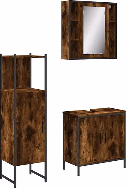 Set Mobili da Bagno | Armadio da bagno 3 pz Rovere Fumo in Legno Multistrato