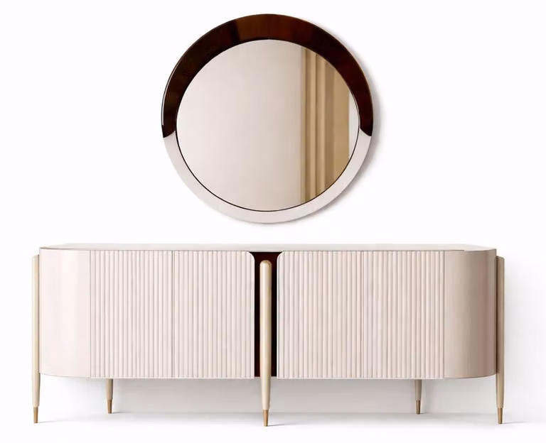 Mobile contenitore beige elegante con specchio, ideale come credenza per la sala da pranzo