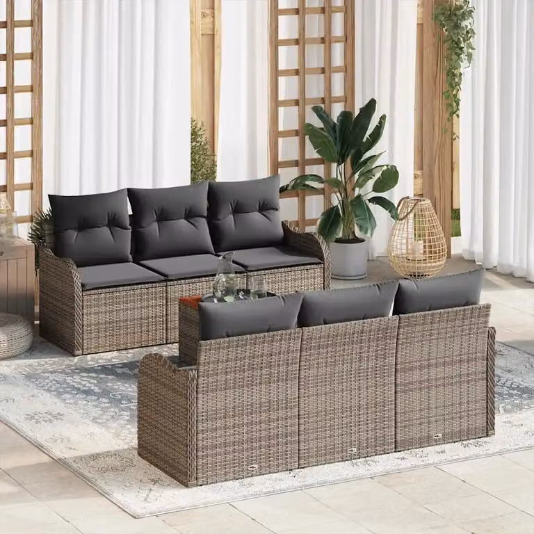 Set Divano da Giardino vidaXL 7 Pezzi a Forma di L Grigio con Cuscini e Tavolino in Polyrattan e Acciaio