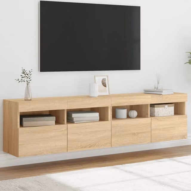 Set di 2 mobili TV da parete vidaXL con luci LED integrate in rovere, colore marrone/beige, L 80 cm x P 30 cm x H 40 cm