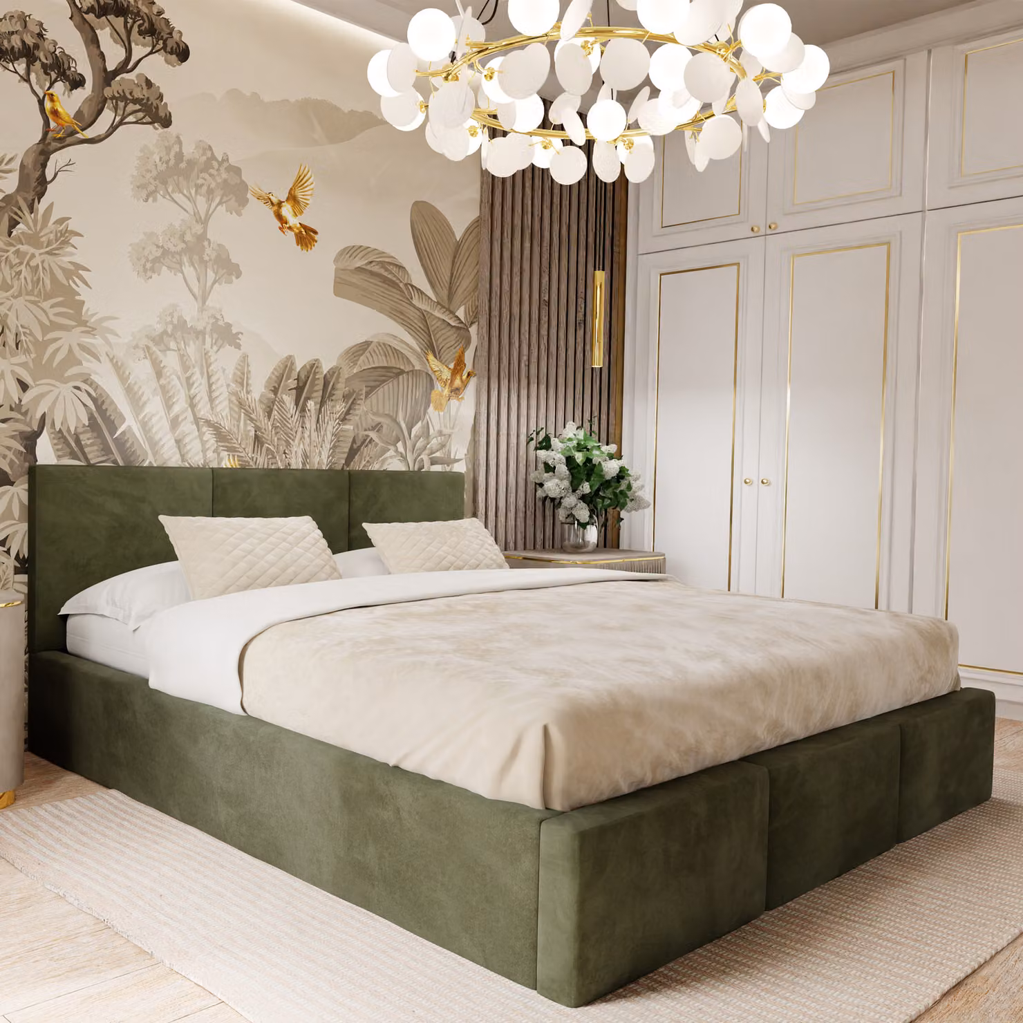 Muralo Letto imbottito per camera da letto Letto imbottito con rete e molla a gas Letto con testiera imbottita Letto matrimoniale 140x200 Letto con contenitore Khaki