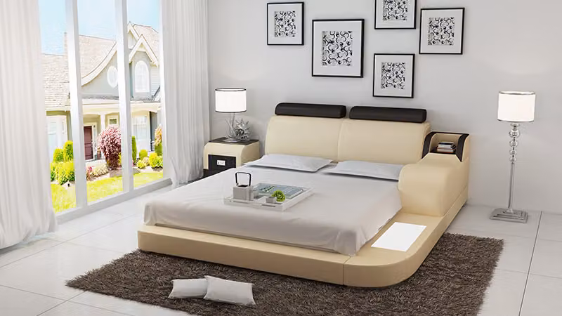 Design Bett XXL Big Betten Leder Hotel Polster 160x200cm Multifunktion Regal USB
