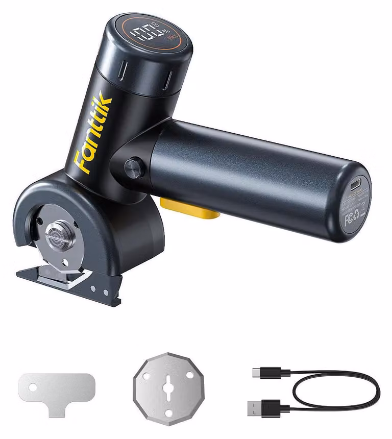 Forbici elettriche per cartone con display, luce LED, 3 livelli di velocità, batteria ricaricabile, adatte per tessuti, tappeti, pelle e cartone – colore nero