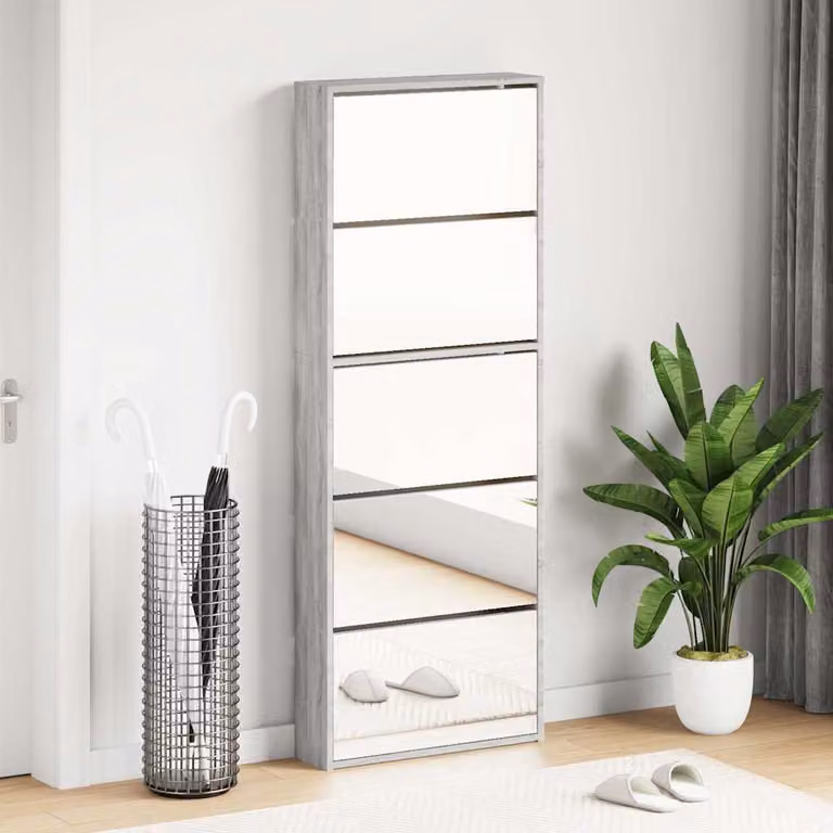 Scarpiera vidaXL con specchio e vani a ribalta, Grigio, L: 63 cm, P: 17 cm, H: 169,5 cm