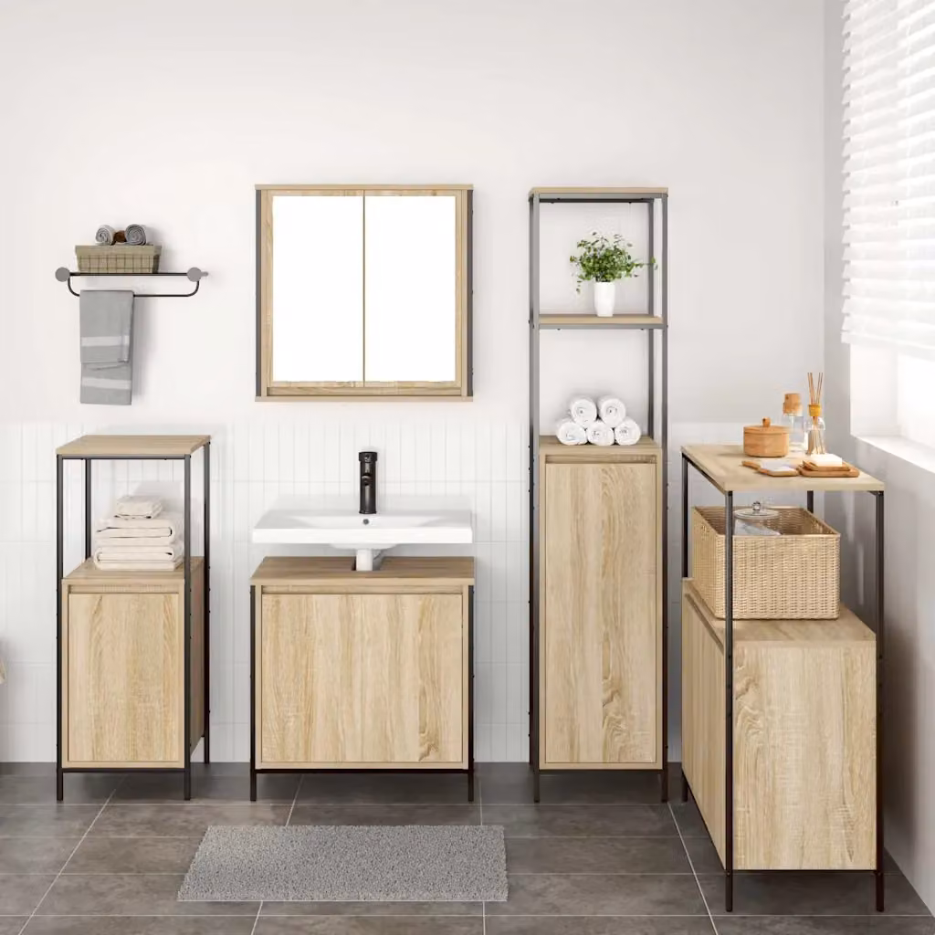 Set di mobili da bagno moderno vidaXL composto da 5 pezzi in legno e metallo, colore marrone e nero, con armadietto a muro e mobile lavabo