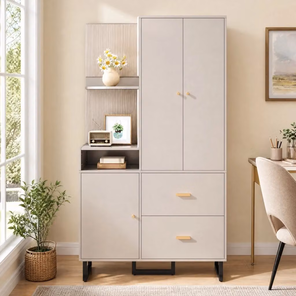 Guardaroba da ingresso moderno con cassetti e appendiabiti, beige e grigio, L/P/H: 110 x 38 x 186 cm – 2