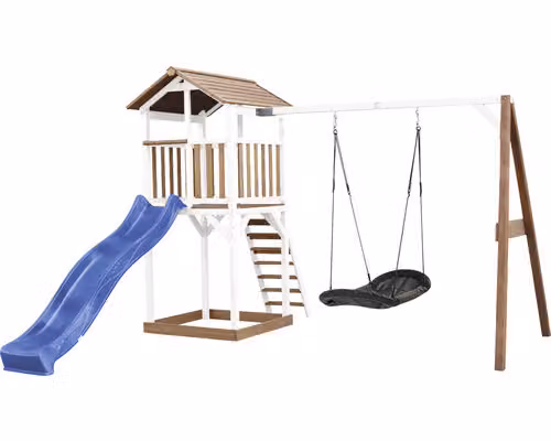 AXI Beach Tower parco giochi in legno in marrone e bianco | Torre di gioco con sabbiera, altalena a nido e scivolo blu | Casa per bambini su palafitte per il giardino