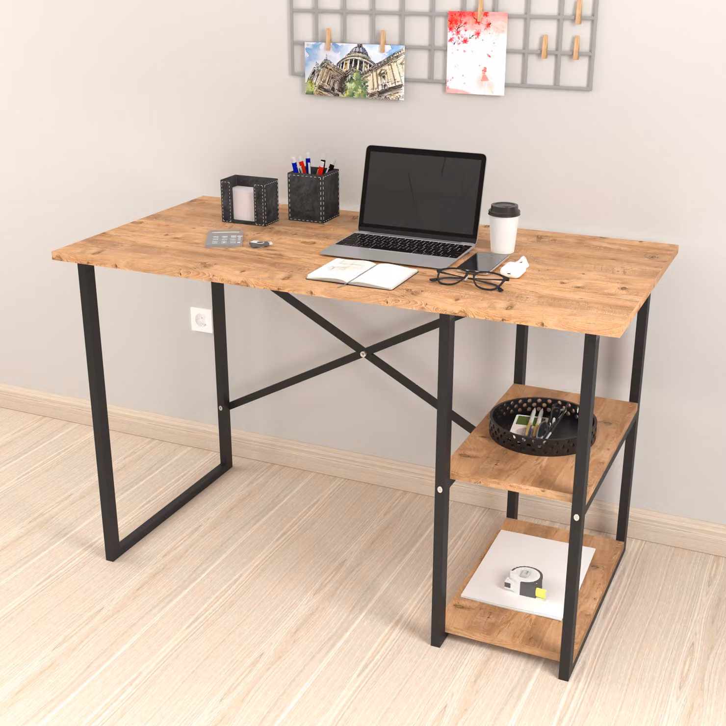 Scrivania Nittedal con ripiano Scrivania per computer in stile rovere Scrivania per PC con 2 ripiani Struttura rettangolare in metallo
