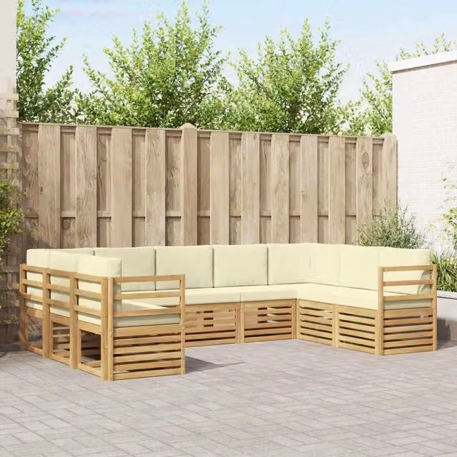 Set di divani da esterno a L vidaXL in legno di acacia con cuscini bianchi e beige
