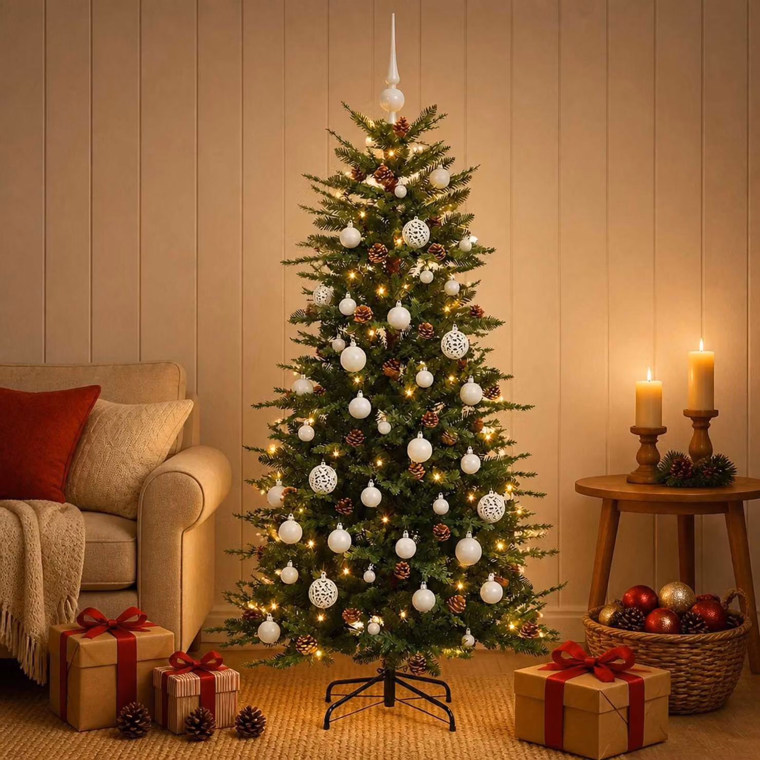 Albero di Natale artificiale con decorazioni natalizie, altezza 150 cm, 150 luci LED