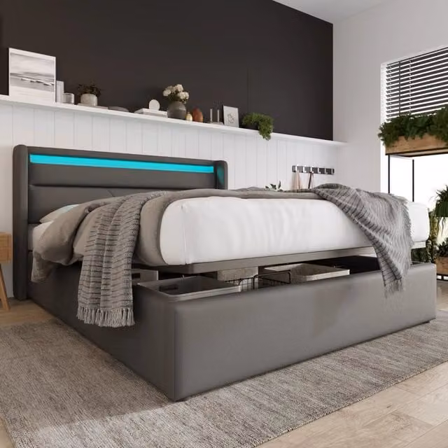 Letto matrimoniale contenitore 140×200 cm con LED regolabile e vano idraulico, materasso incluso, in PU grigio