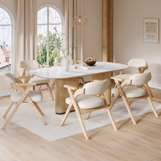 Set di 6 sedie da pranzo pieghevoli con braccioli in legno e lino beige