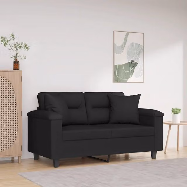 Divano a 2 Posti con Cuscini-Sofa 2 Posti con Cuscini Nero 120 cm Tessuto Microfibra
