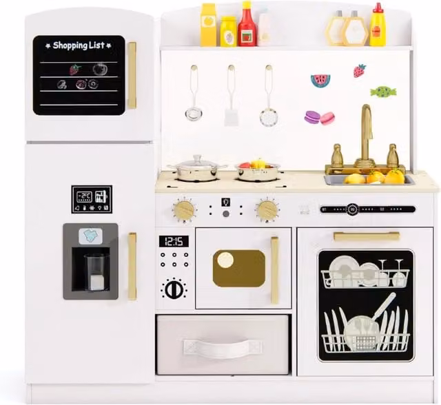 Set cucina giocattolo in legno e metallo con lavagna, colore bianco, per bambini dai 3 anni in su – 1