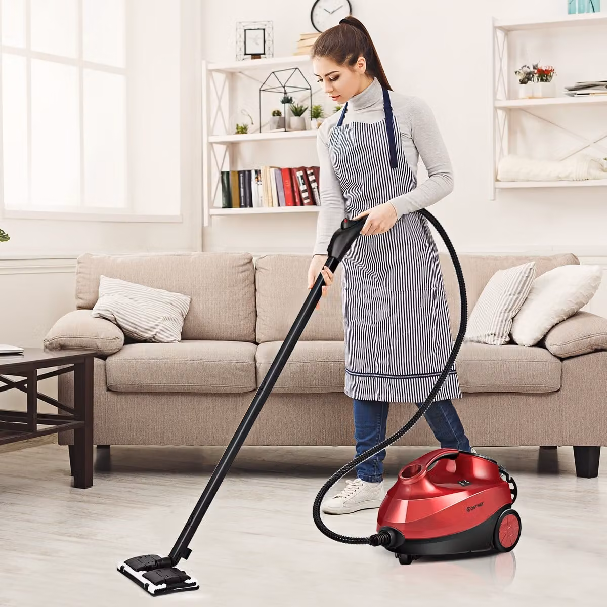 Costway Pulitore a vapore per pavimenti, tappeti e finestre con 19 accessori, serbatoio da 1,5 l e potenza 2000W, Rosso
