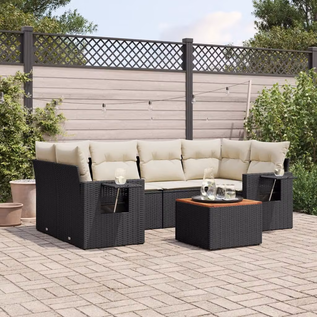vidaXL Set Divani da Giardino a L con Polyrattan e Cuscini, 7 Pezzi, Nero – 1