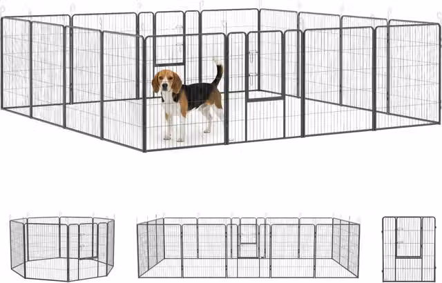 Recinto modulare per cani Xylo in acciaio grigio con 16 elementi e 2 porte, L/P/H: 3,2 x 3,2 x 1 m