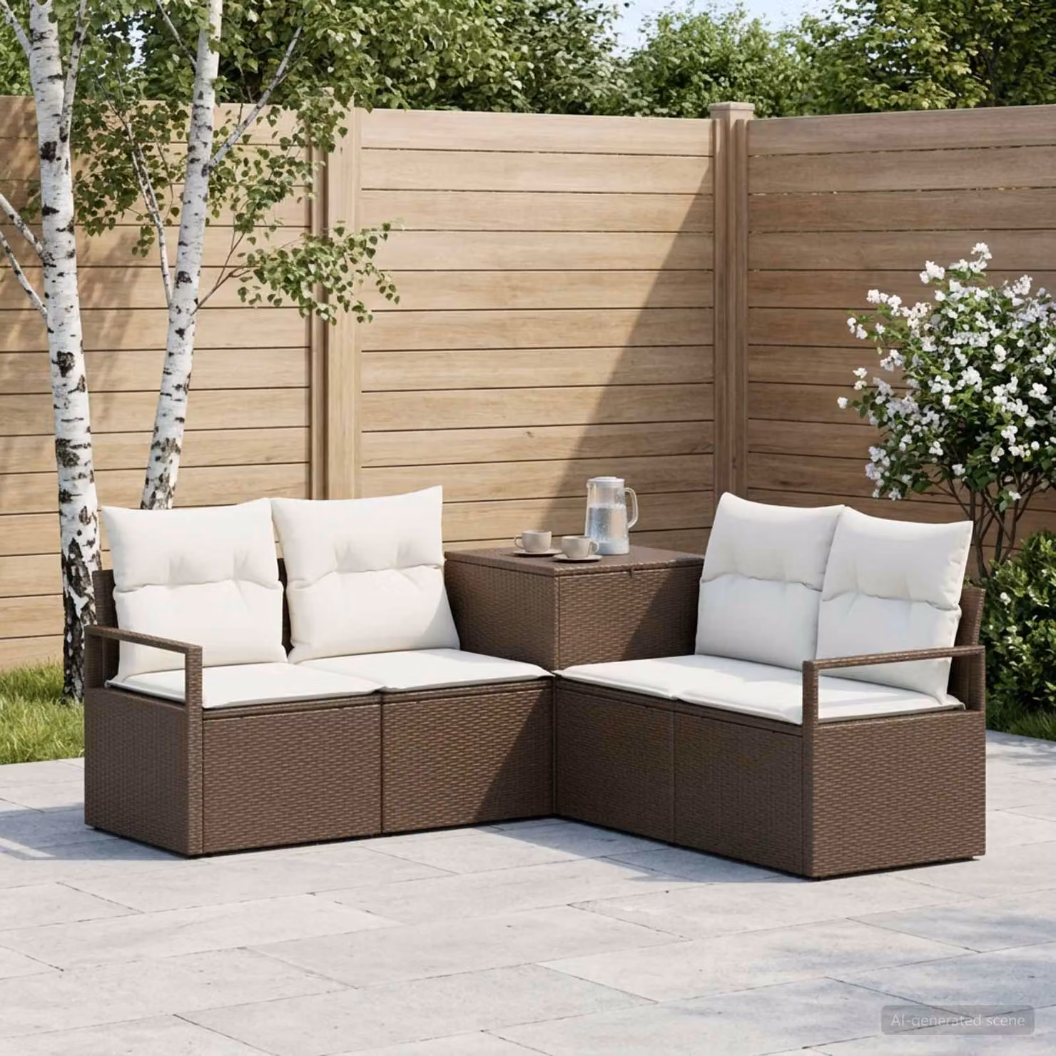 Set di divani da giardino a L vidaXL in polyrattan marrone e bianco crema con cuscini e pouf