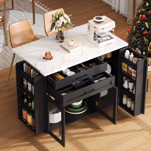 Isola cucina mobile con piano di lavoro ribaltabile, carrello con ruote, cassetti e ripiani, 138 x 70 x 90 cm