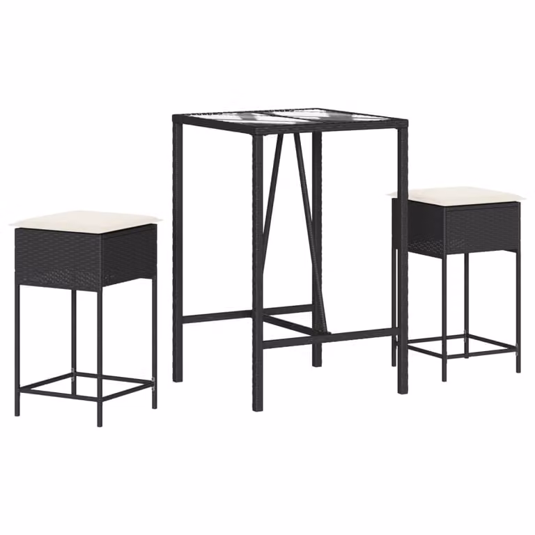 set bar da giardino 3 pezzi con cuscini in polirattan nero