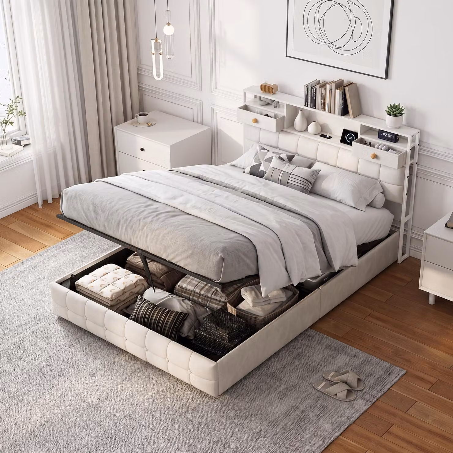 Letto contenitore con boxspring, dimensioni 140x200 cm, con illuminazione LED e prese USB, struttura per letto matrimoniale con rete a molle/sistema di sollevamento idraulico, imbottitura in velluto, colore beige