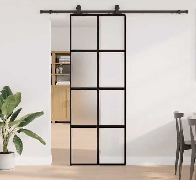 Porta Scorrevole Moderna vidaXL in Vetro Trasparente e Alluminio con Ferramenta Nera L: 76 cm, H: 205 cm