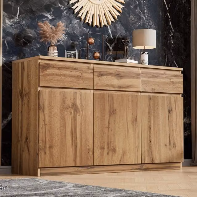Credenza multifunzionale Vovees Living in legno color marrone con 3 ante e 3 cassetti L: 135 cm, P: 40 cm, H: 81 cm – 1