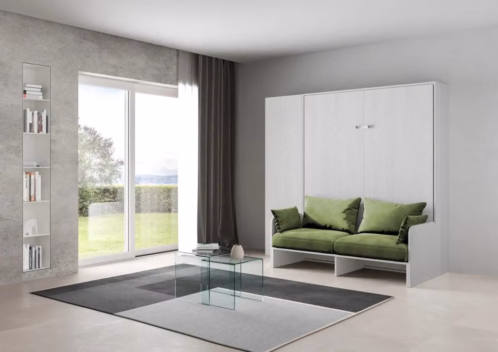 Letto Matrimoniale A Scomparsa Kentaro con Divano e Colonna Giordanoshop, Bianco Frassino e Verde, L/P/H: 160 x 200 cm – 2