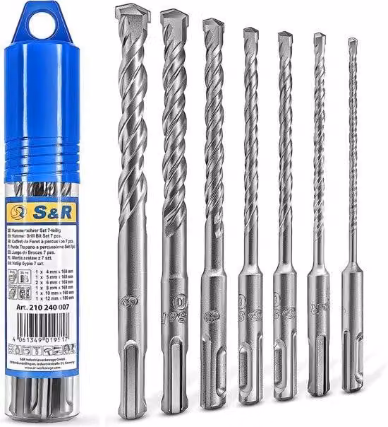 Set di punte da trapano SDS-Plus Unyqoos®, 7 pezzi. Qualità industriale, doppia elica, punta in metallo duro, dimensioni 4-5-2 x 6-8-10-12 mm x 160 mm, per cemento/pietra/granito, confezione in scatola
