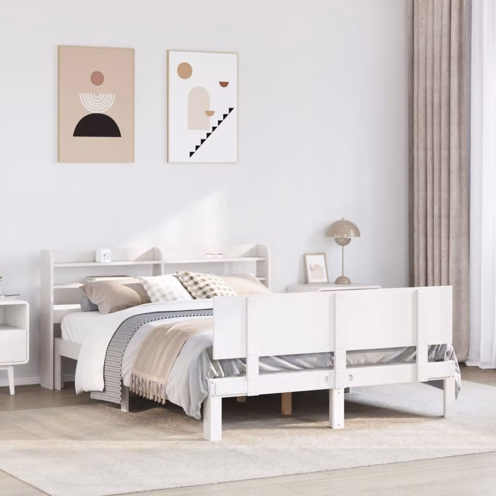 vidaXL Letto in legno di pino massello bianco con ripiani laterali 150x200 cm – 1