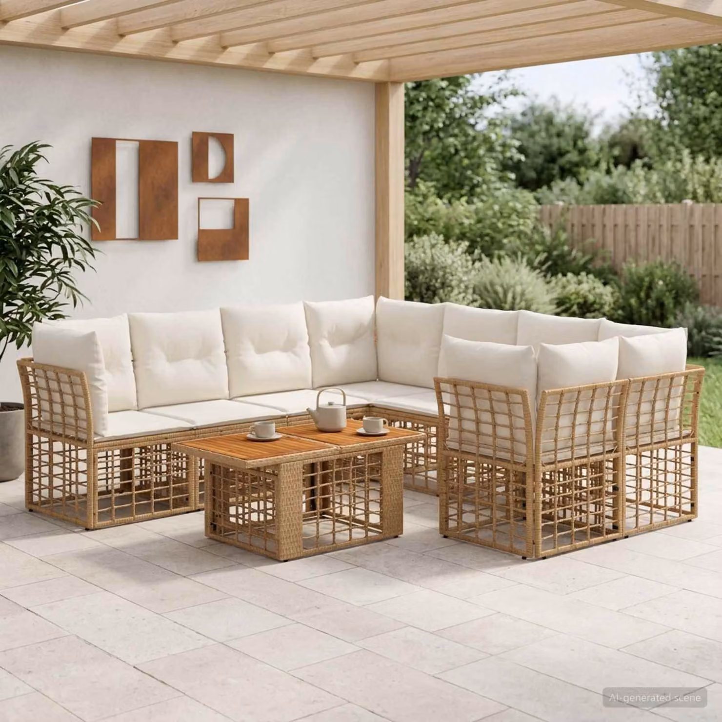 Set Divano da Giardino vidaXL 9 pz in Polyrattan con Tavolino e Cuscini, Colore Naturale e Bianco Crema